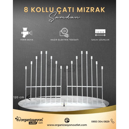 Mızrak Şamdan 8’li Düz Kafa Merdiven Beyaz 120 cm / Düğün Ekipmanları